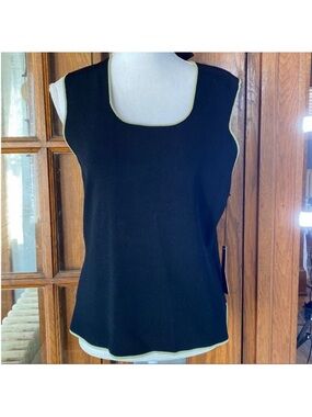 BCBG Black Sleeveless Knit Top XL NWT Square Neck Moss Green Trim $130